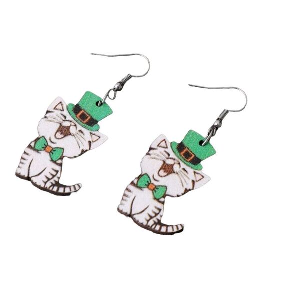 St Patrick's Day Cat Drop Earrings - Picture 5 of 5